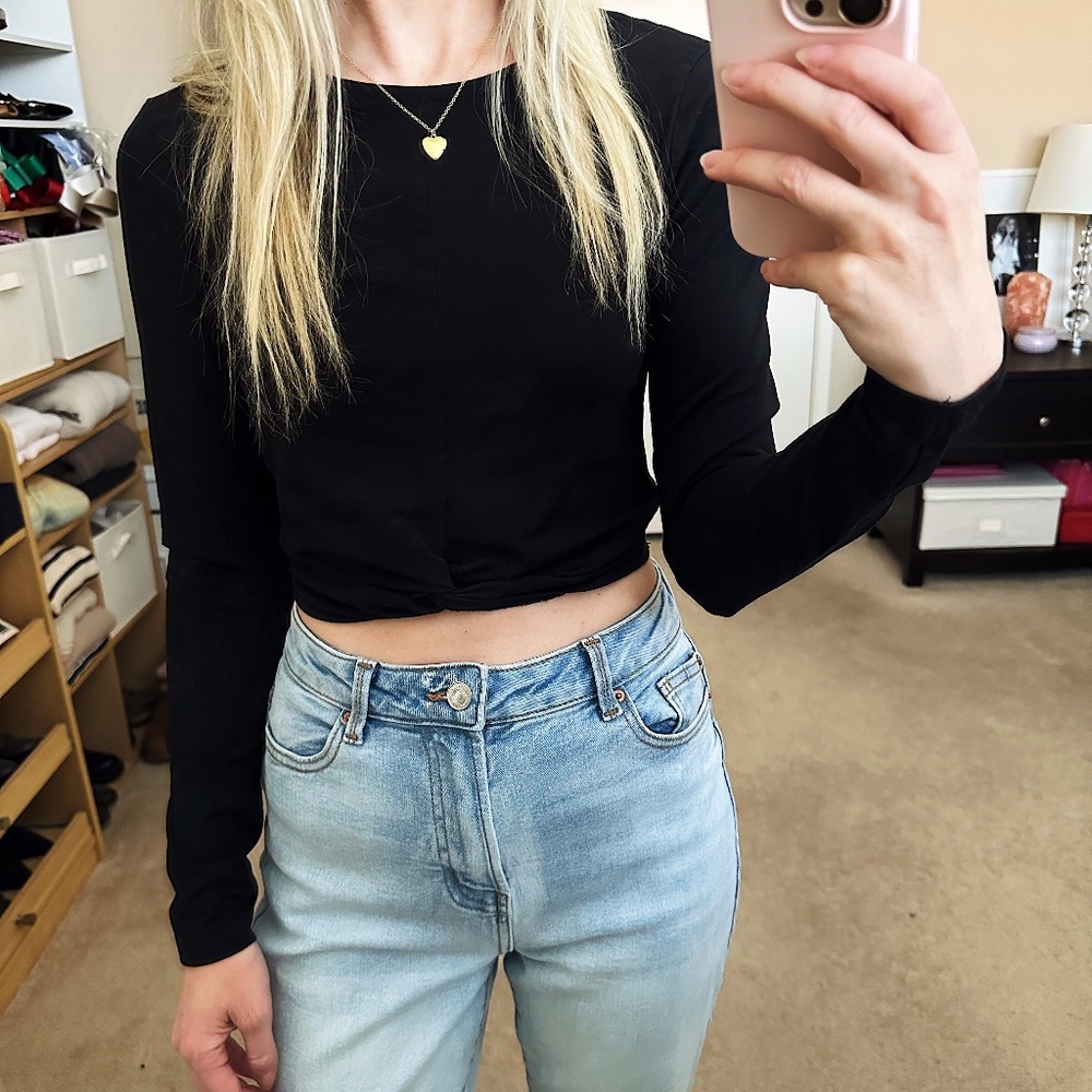 Primark Cropped Twist Front Long Sleeved Black Top Women’s Shirt XS